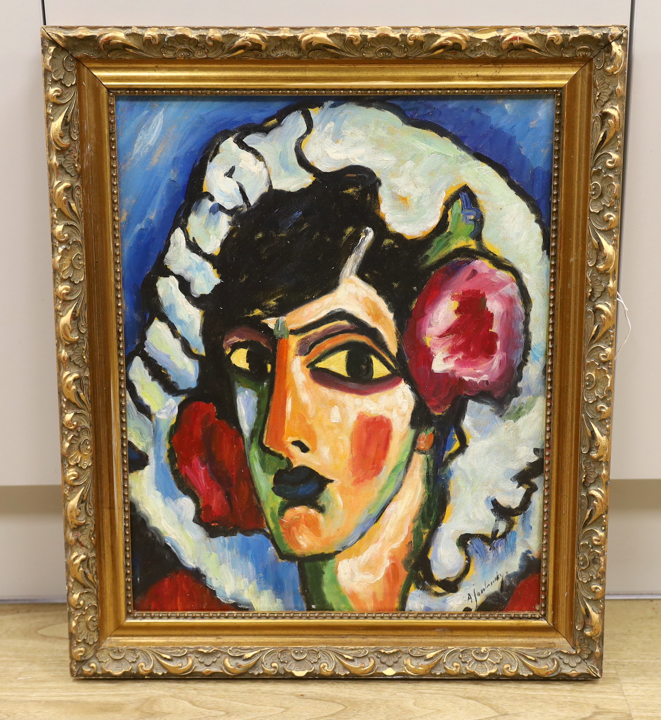 After Alexej Von Jawlensky (Russian, 1864-1941), oil on board, Portrait of a lady, 47 x 37cm